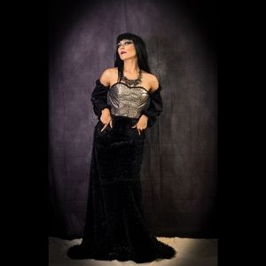 Black Fur Dress w/ Silver Woven Bodice, Silk Bell Sleeves and Applique Details